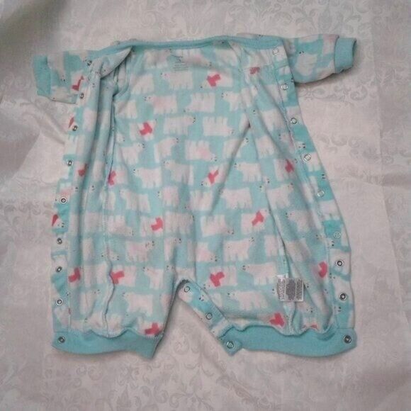 Carter's Baby Girl Fleece Sleeper Sz 3M Mint Green White Polar Bears Pink Snaps - Picture 3 of 3